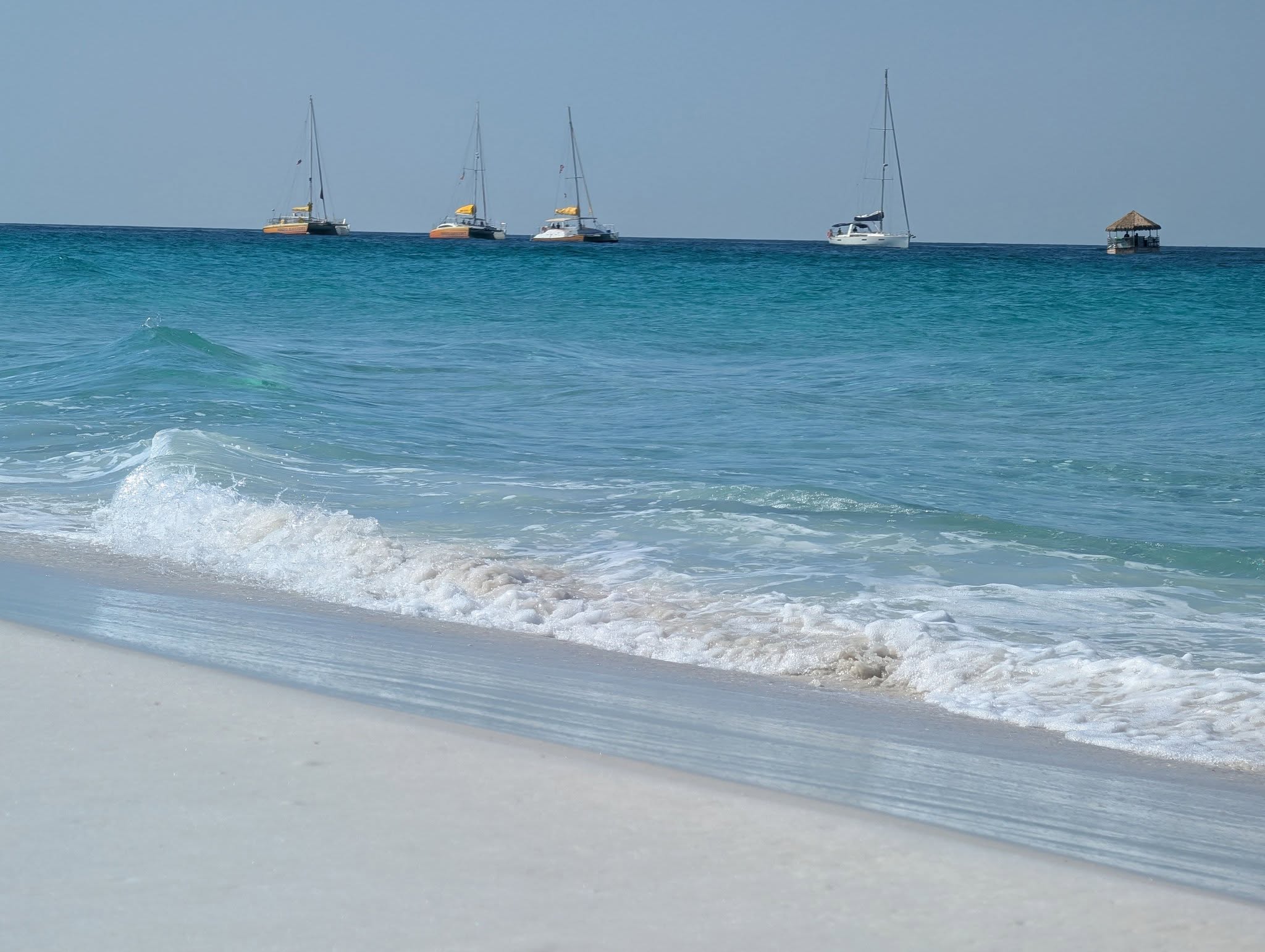 Sailing catamarans at anchor off a white-sand Gulf Coast beach